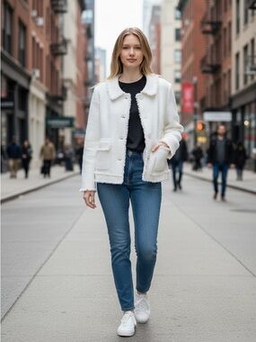 White Bouclé Button-Front Jacket -